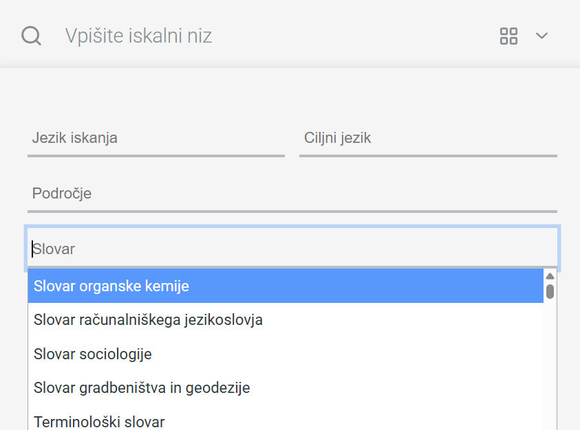 Posnetek zaslona iskanja po enem slovarju