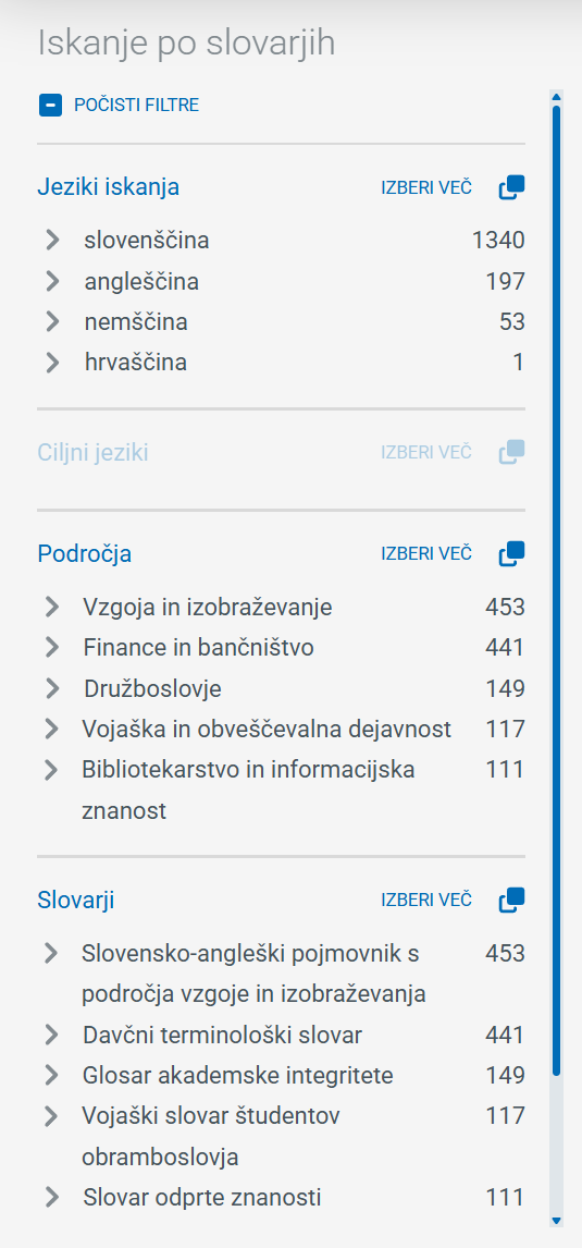 Posnetek zaslona seznama filtrov