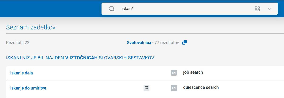 Posnetek zaslona  iskanja po delu besede