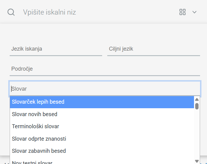 Posnetek zaslona iskanja po enem slovarju
