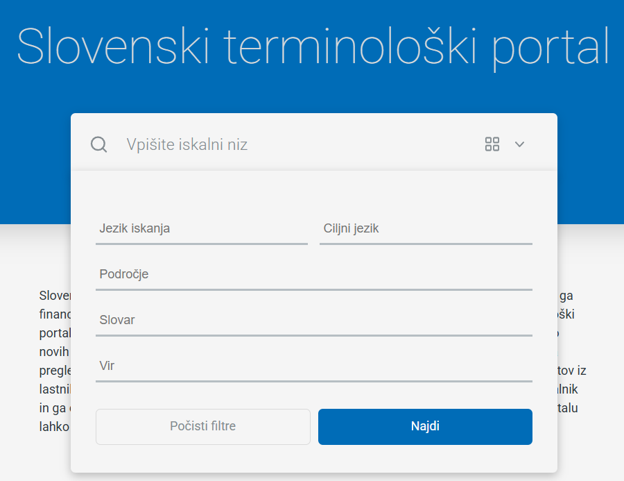 Posnetek zaslona narprednega iskanja
