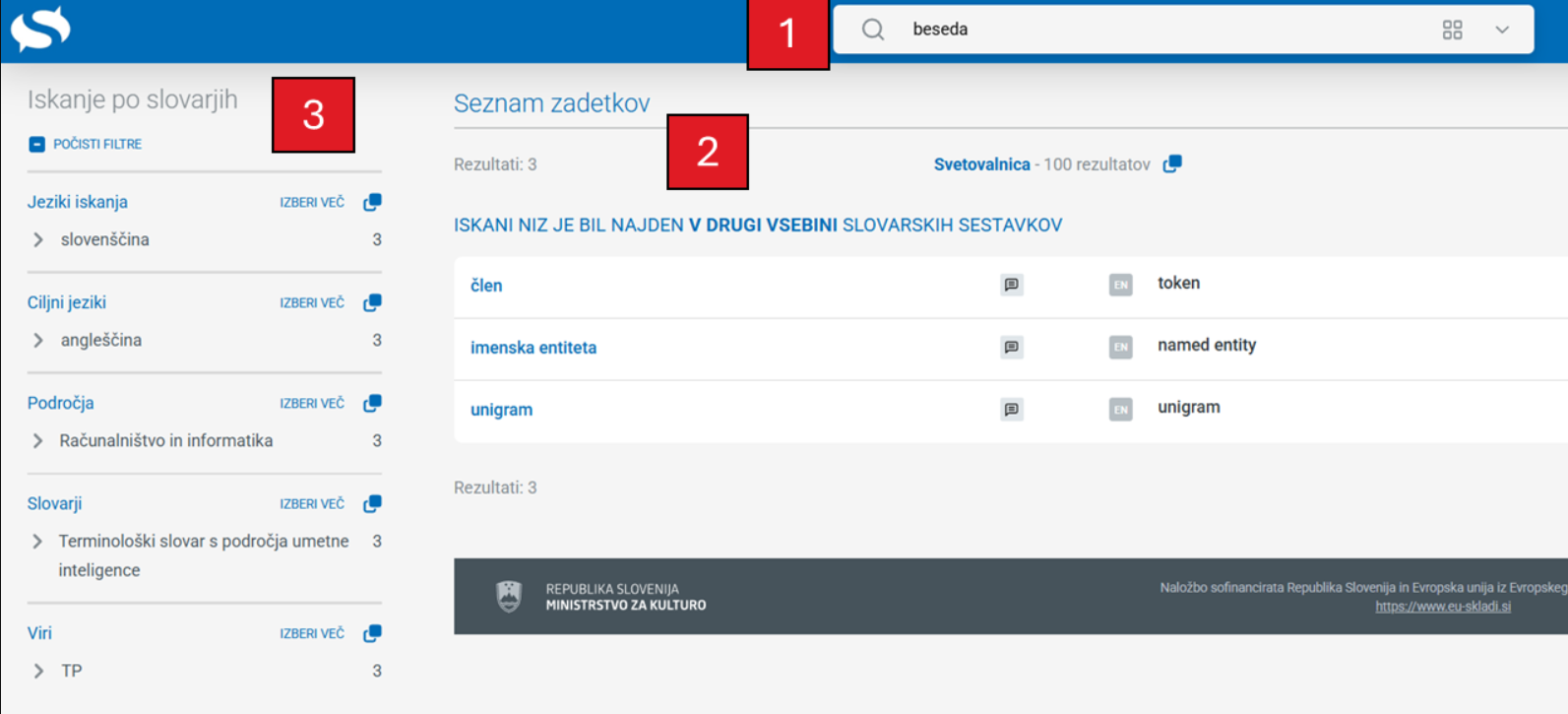 Posnetek zaslona rezultatov iskanja