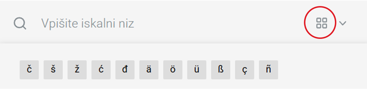Posnetek zaslona iskanja s posebnimi znaki
