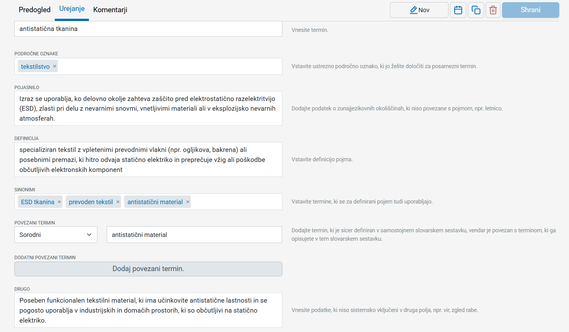 Posnetek zaslona: strukturni elementi