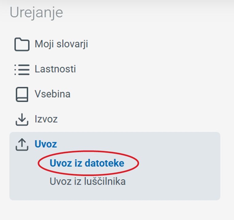 Posnetek zaslona: gumb Uvoz iz datoteke