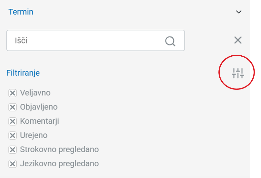 Posnetek zaslona: iskanje po neobjavljenih slovarjih