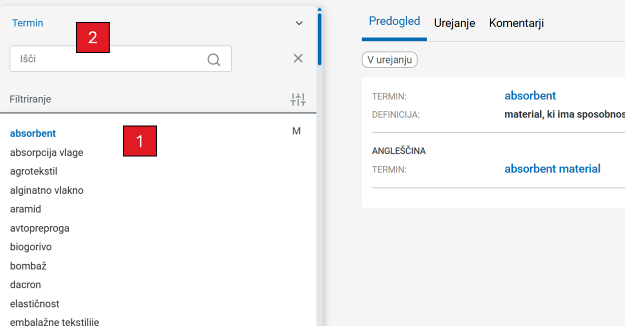 Posnetek zaslona: iskanje po neobjavljenih slovarjih