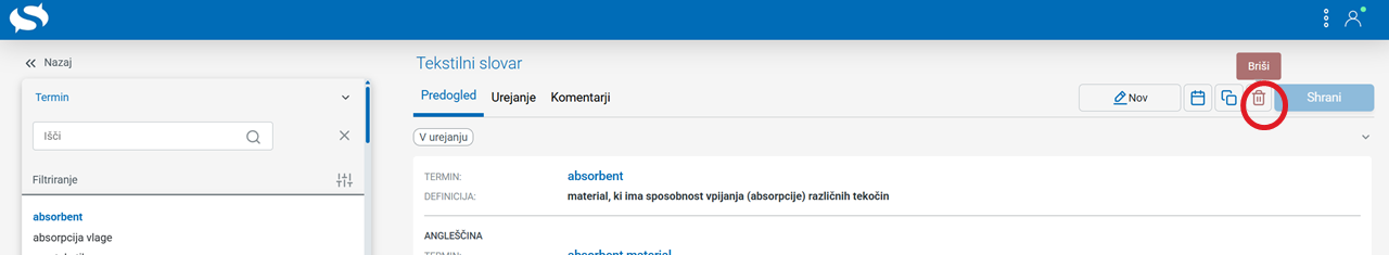 Posnetek zaslona: brisanje iztočnice