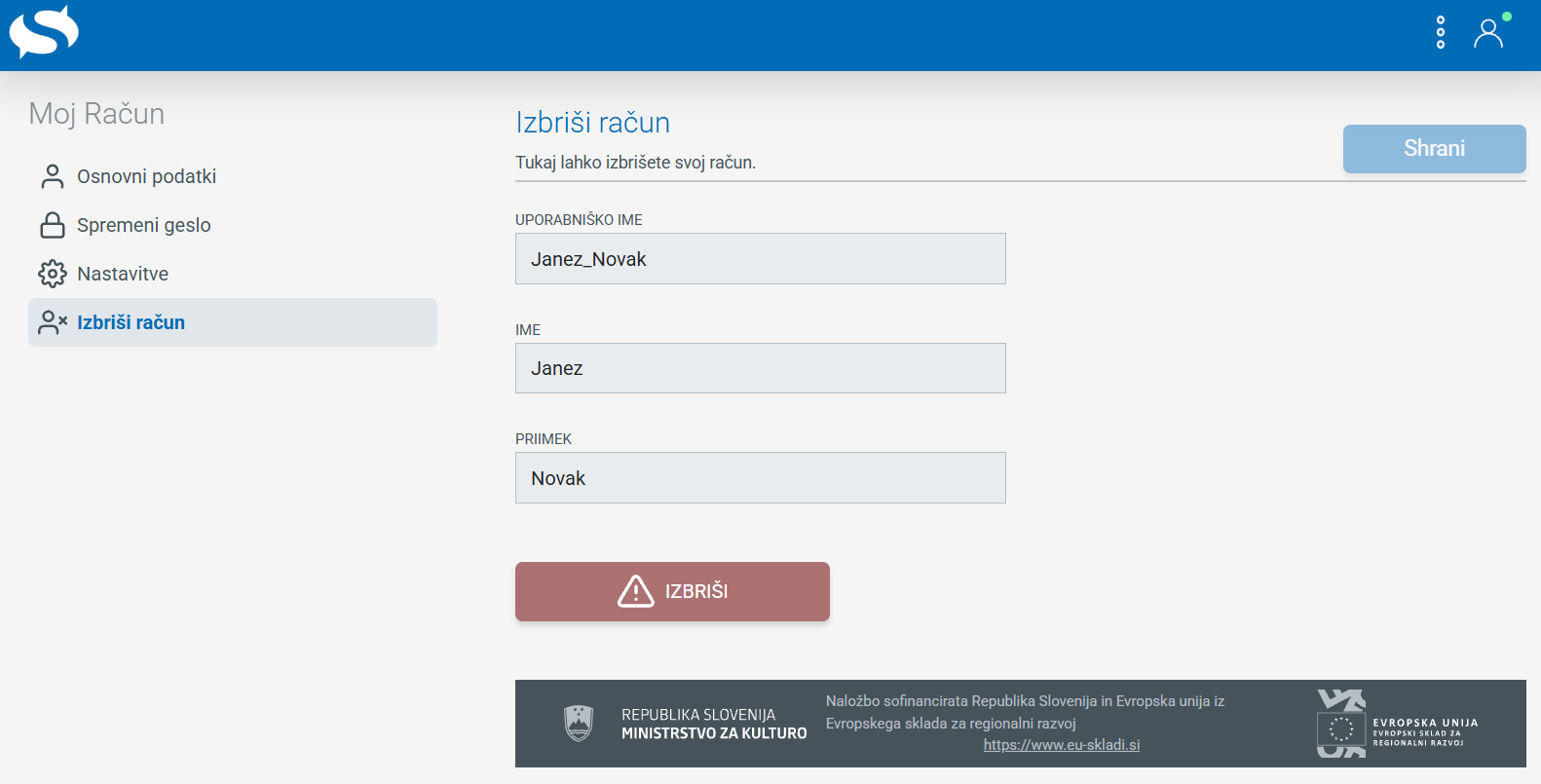 Posnetek zaslona: gumb za nastavitve