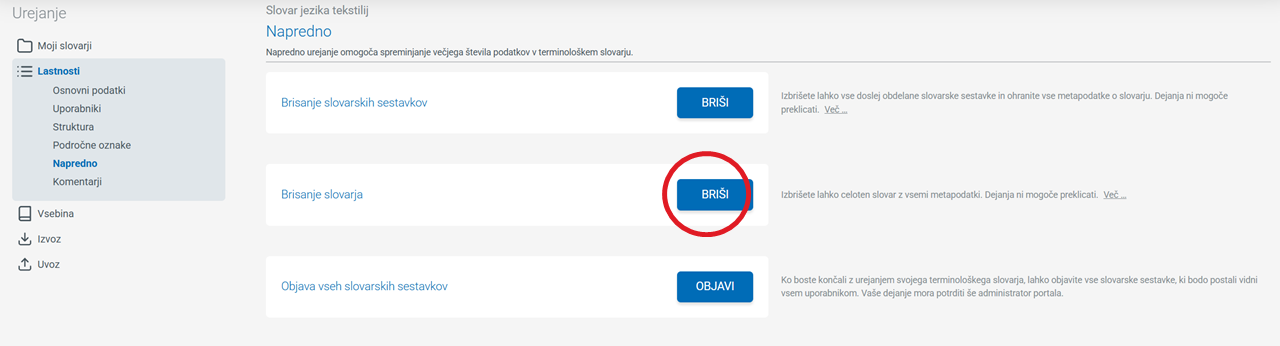 Posnetek zaslona brisanje slovarja