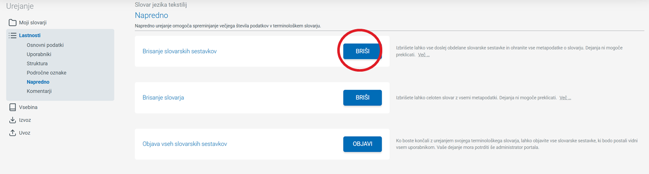 Posnetek zaslona brisanje slovarskih sestavkov