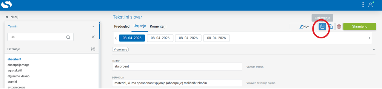 Posnetek zaslona: gumb Datumi
