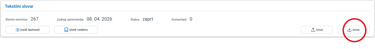 Posnetek zaslona: gumb izvoz