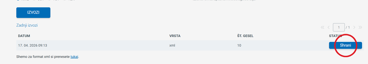 Posnetek zaslona: gumb shrani pri izvozu
