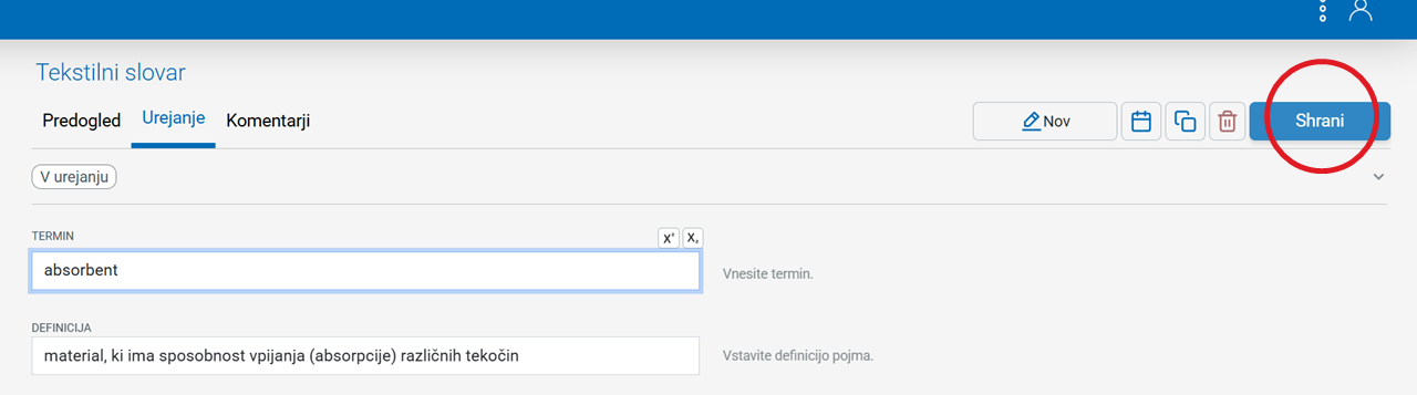 Posnetek zaslona: gumb Shrani