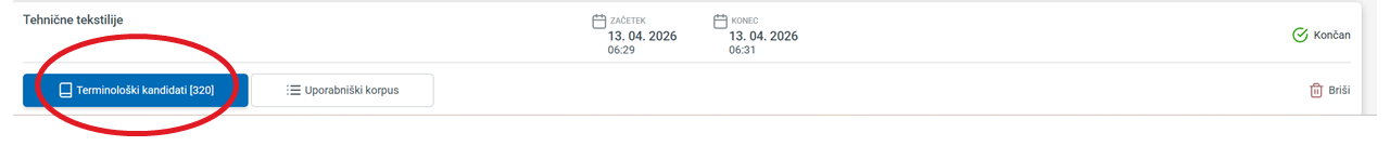 Posnetek zaslona: gumb Terminološki kandidati