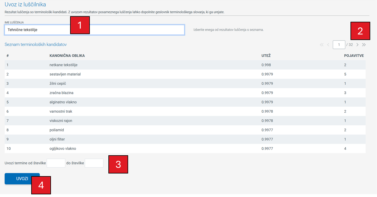 Posnetek zaslona: gumb Uvoz iz luščilnika, podrobno