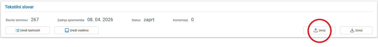 Posnetek zaslona: gumb Uvoz