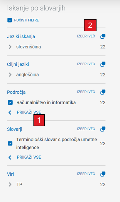 Posnetek zaslona seznama filtrov z oznakami
