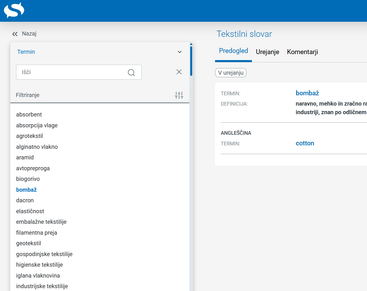 Posnetek zaslona: iskanje po neobjavljenih slovarjih