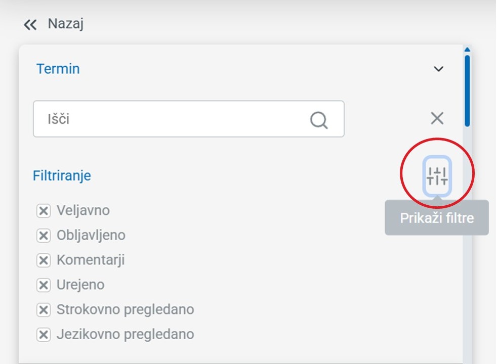 Posnetek zaslona: iskanje po neobjavljenih slovarjih