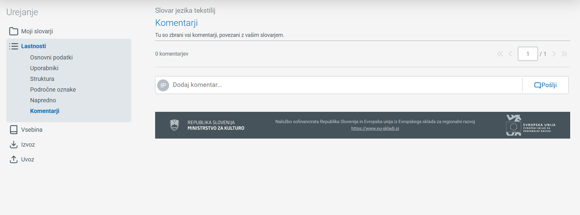 Posnetek zaslona: komentiranje slovarja