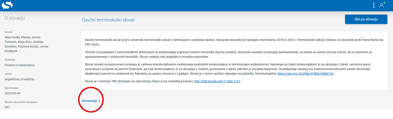 Posnetek zaslona: komentiranje slovarja