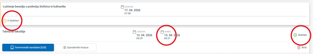 Posnetek zaslona: Zaključek obdelave luščenja