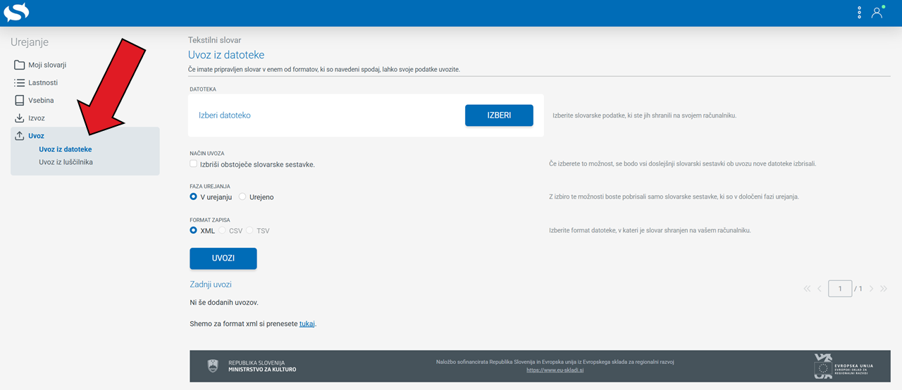 Posnetek zaslona: moznosti uvoza