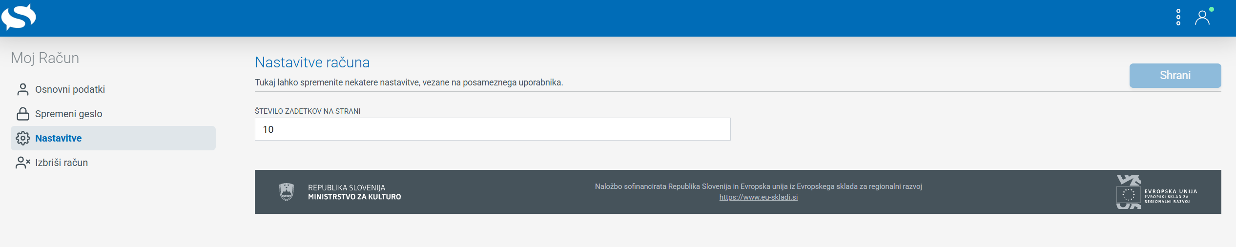 Posnetek zaslona: nastavitve računa