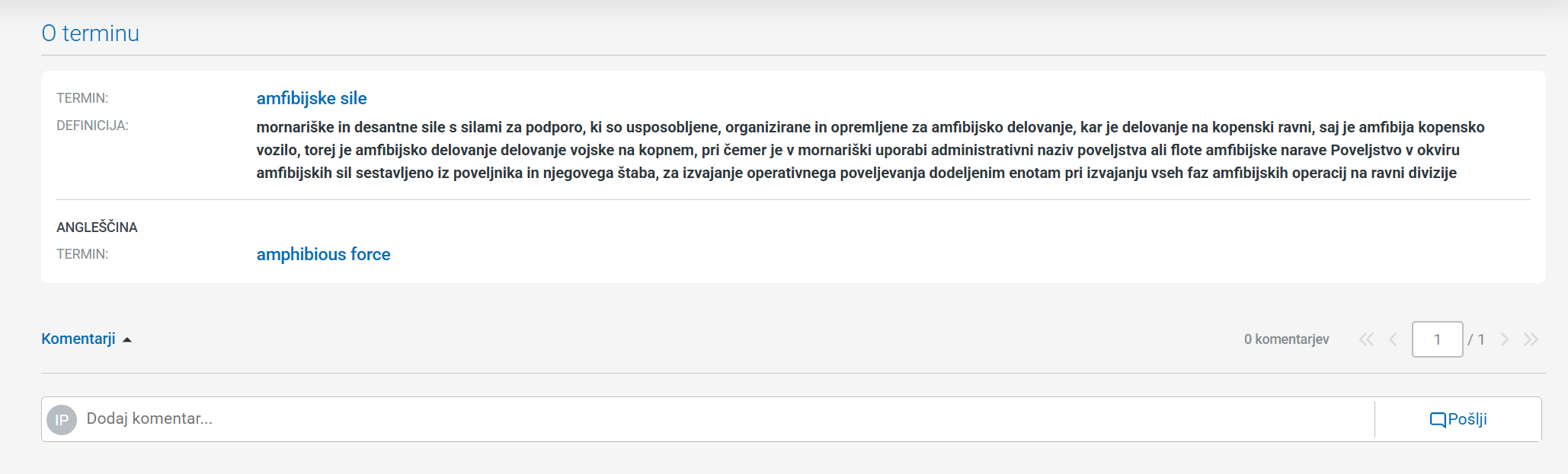 Posnetek zaslona iztočnice v objavljenem slovarju