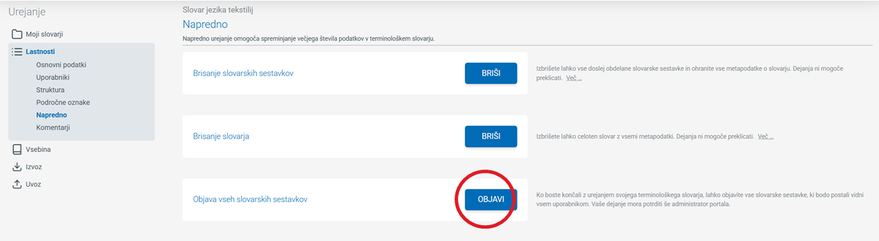 Posnetek zaslona objava slovarja