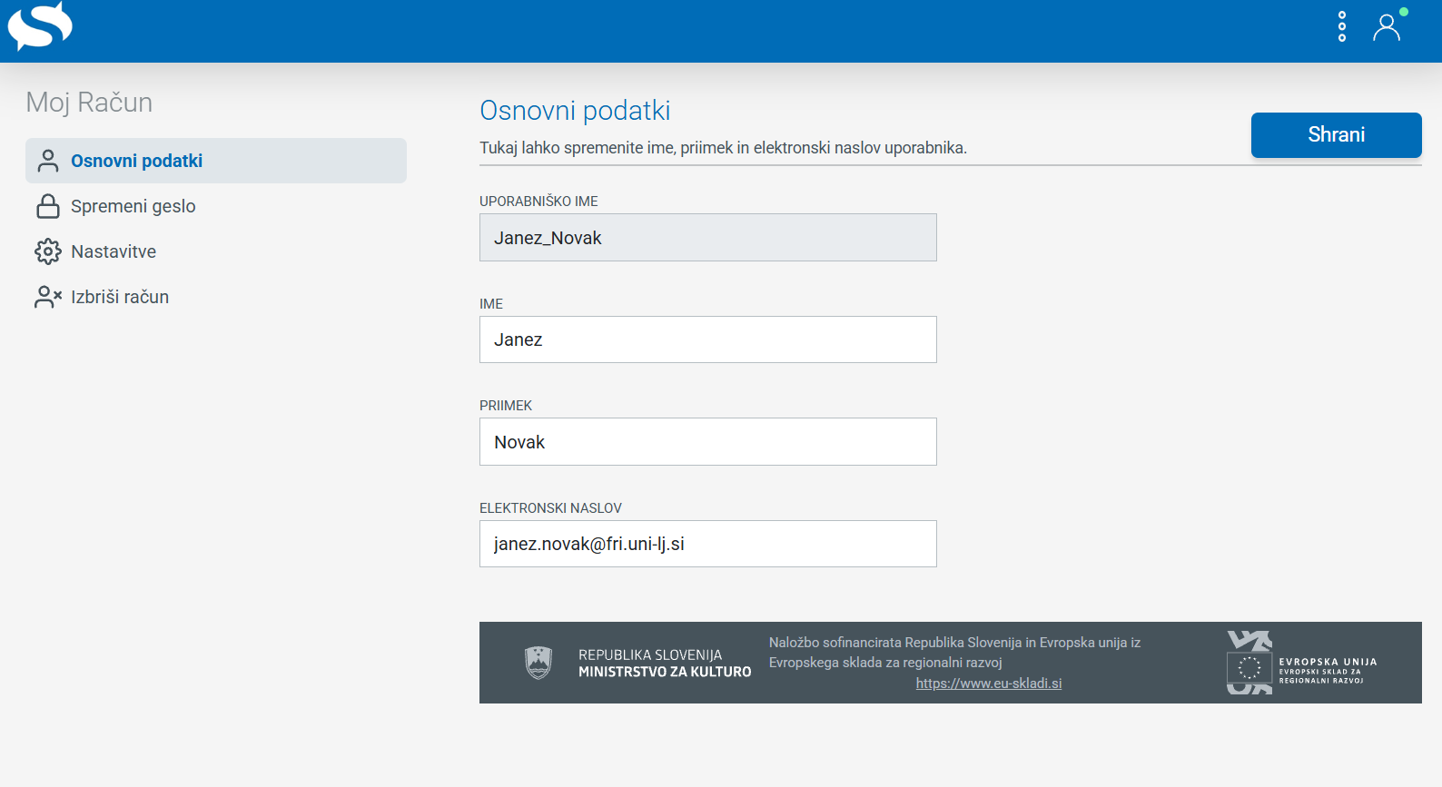 Posnetek zaslona: osnovni podatki