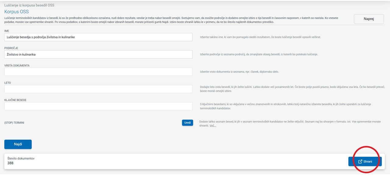 Posnetek zaslona: OSS, gumb shrani