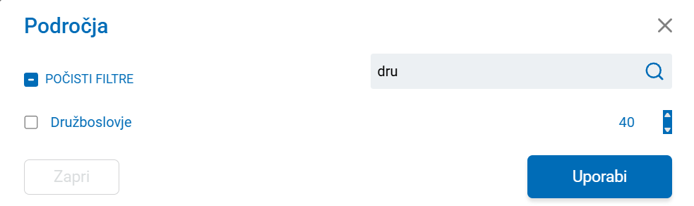 Posnetek zaslona z iskanjem po filtru pri področjih