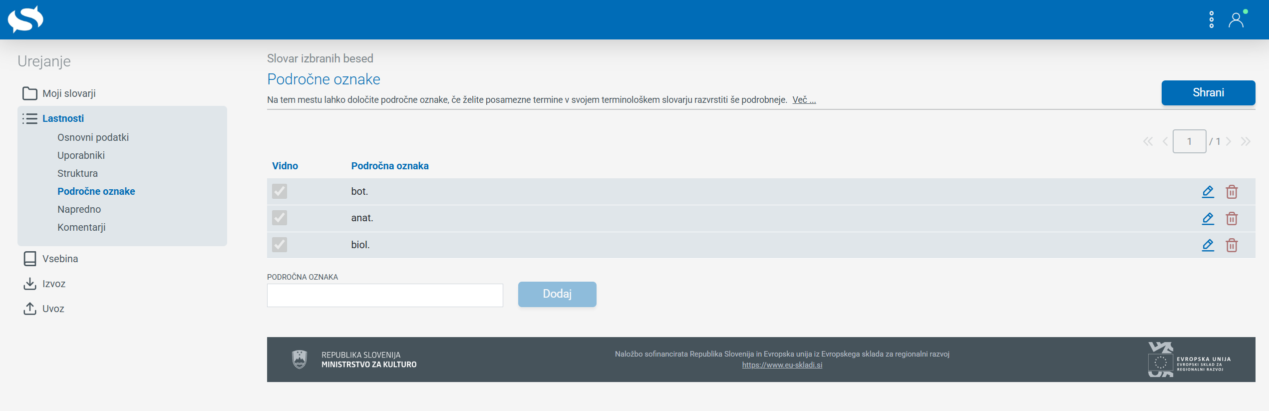 Posnetek zaslona: področne oznake
