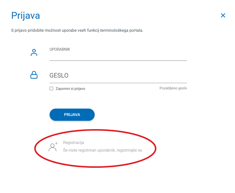 Posnetek zaslona: registracija in prijava