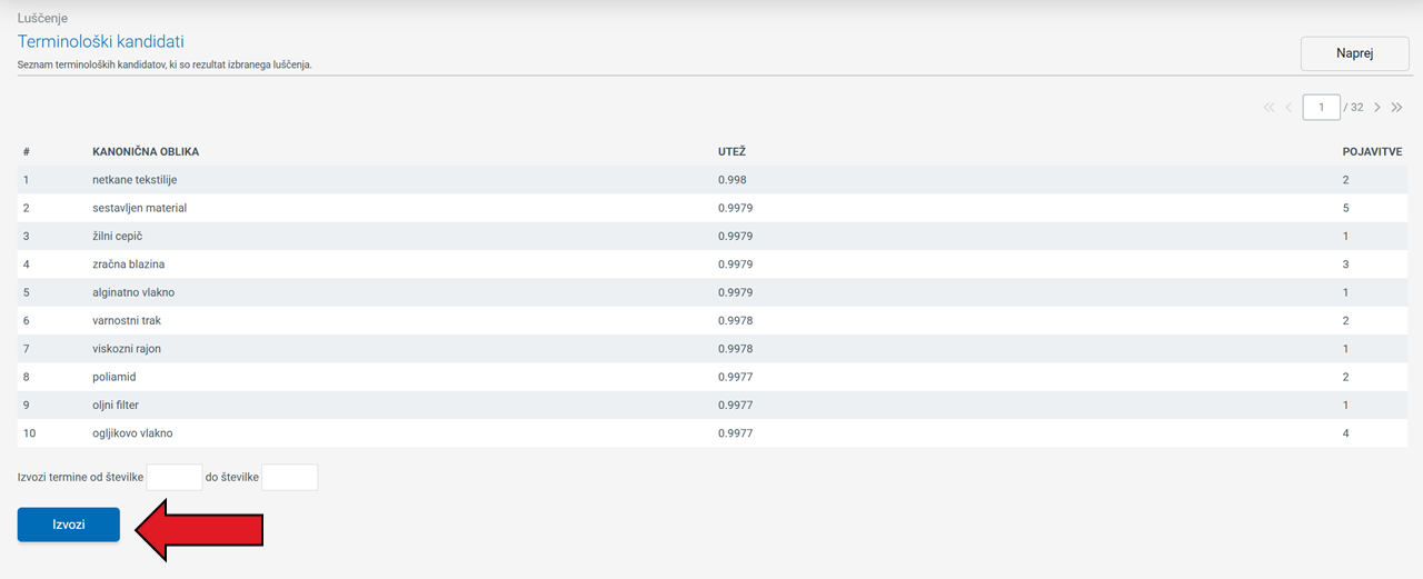 Posnetek zaslona: shranjevanje luščenja