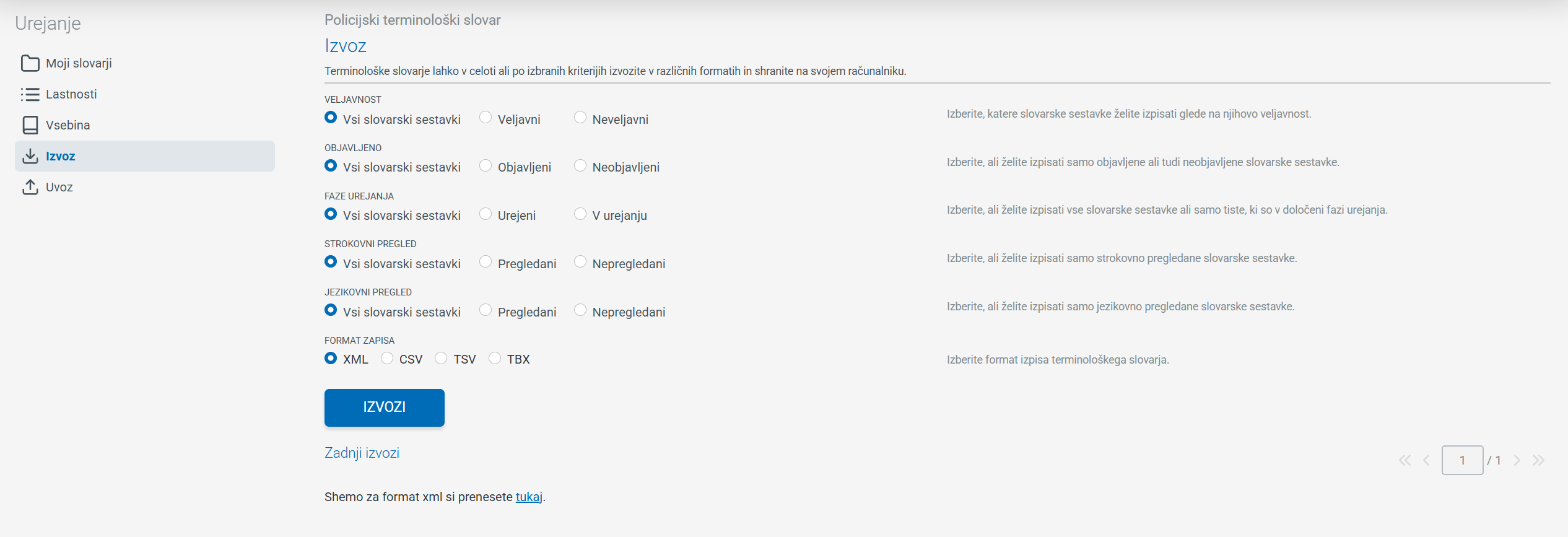 Posnetek zaslona: izgled strani za izvoz