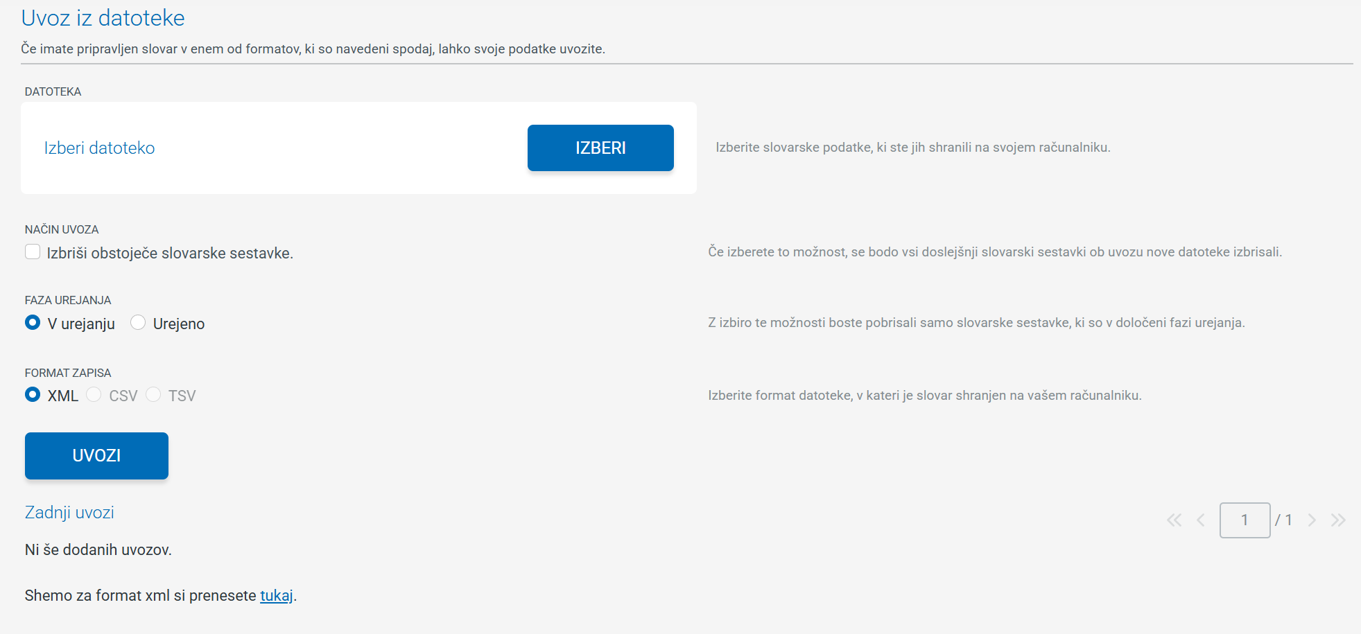 Posnetek zaslona: gumb Uvoz iz datoteke