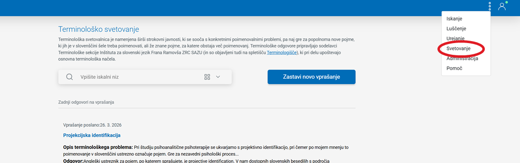 Posnetek zaslona: Terminološka svetovalnica