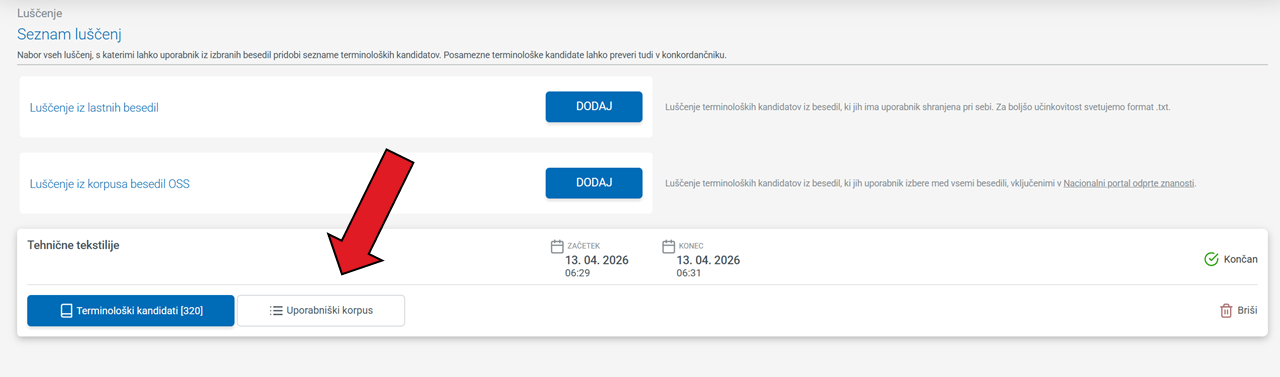 Posnetek zaslona: iskanje po konkordancah