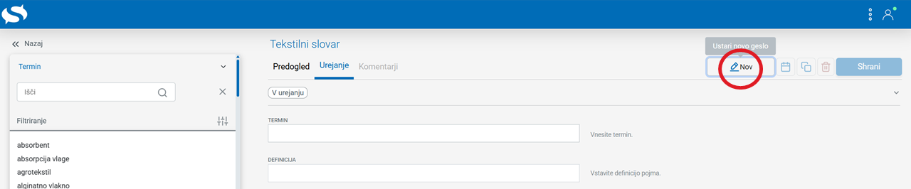 Posnetek zaslona: gumb Nov