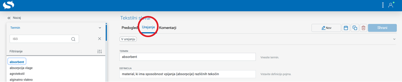 Posnetek zaslona: urejanje iztočnice v slovarju