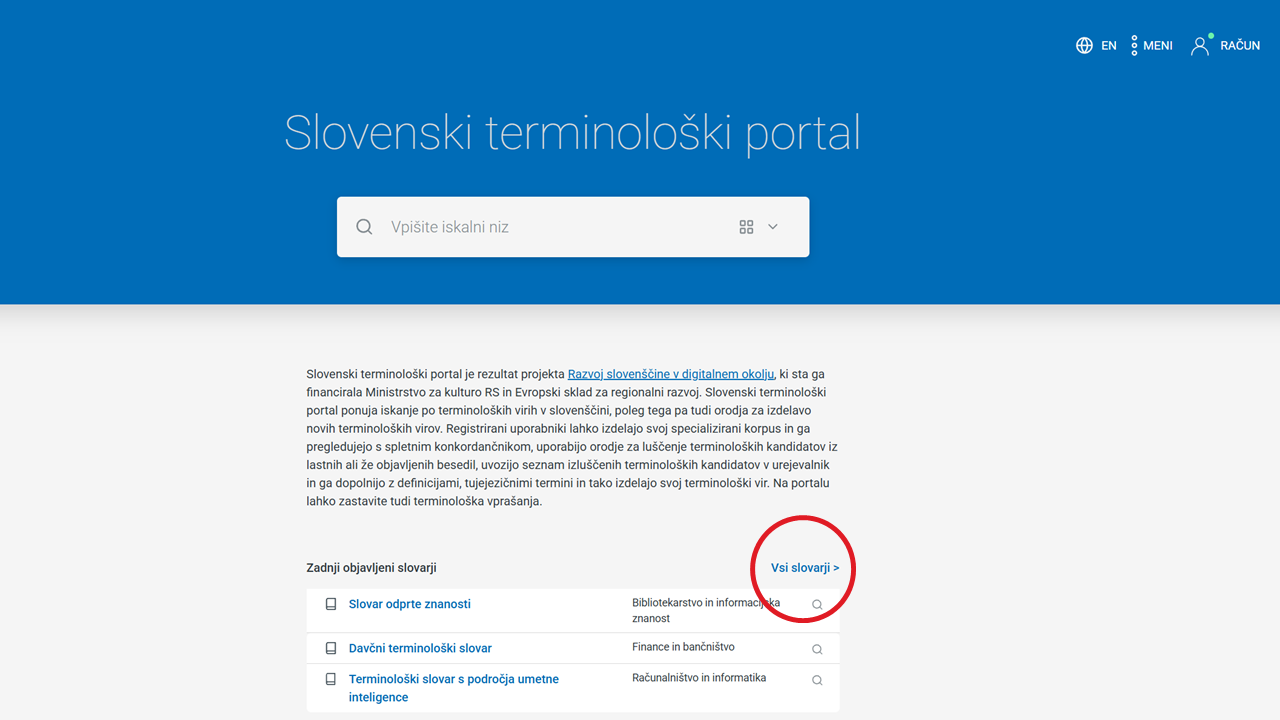 Posnetek zaslona: vsi slovarji