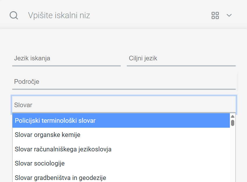Posnetek zaslona iskanja po enem slovarju