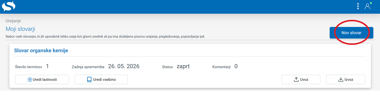 Posnetek zaslona gumba za izdelavo novega slovarja