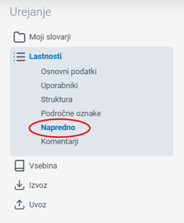 Posnetek zaslona: meni, napredno