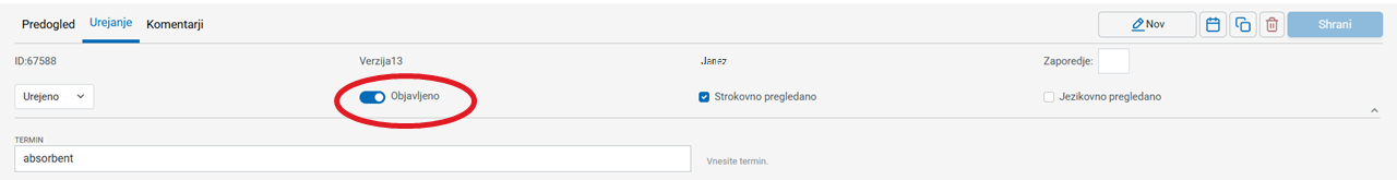 Posnetek zaslona: iztočnica, sestavek, objavljeno