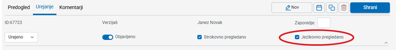 Posnetek zaslona: status sestavka, jezikovno pregledano